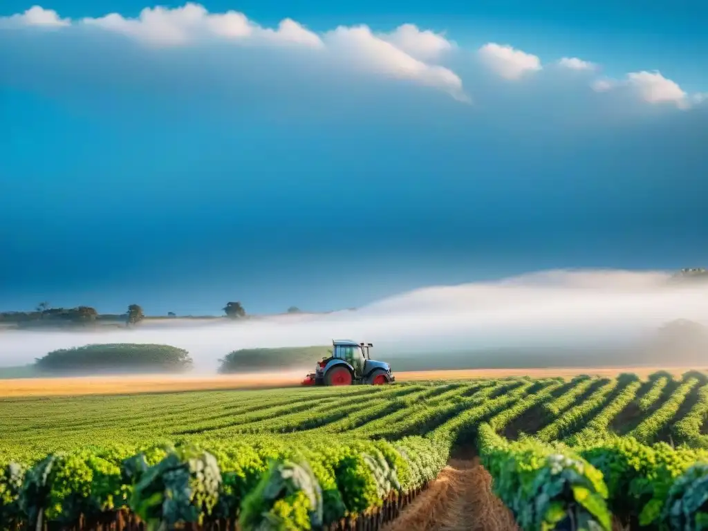 Un campo sereno en Uruguay, donde un agricultor cosecha fibras naturales uruguayas