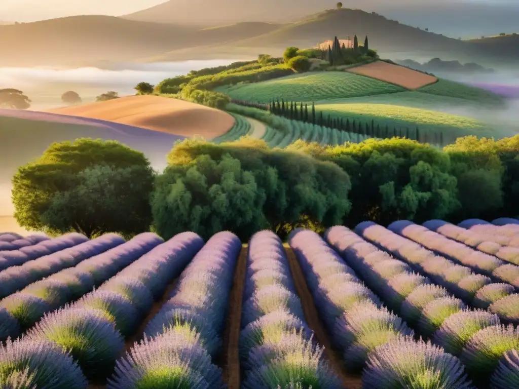 Un campo sereno en Uruguay al atardecer, con filas de lavanda y eucaliptos