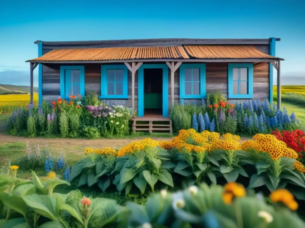 Campo sereno y exuberante en Uruguay, con plantas nativas y flores en un día soleado