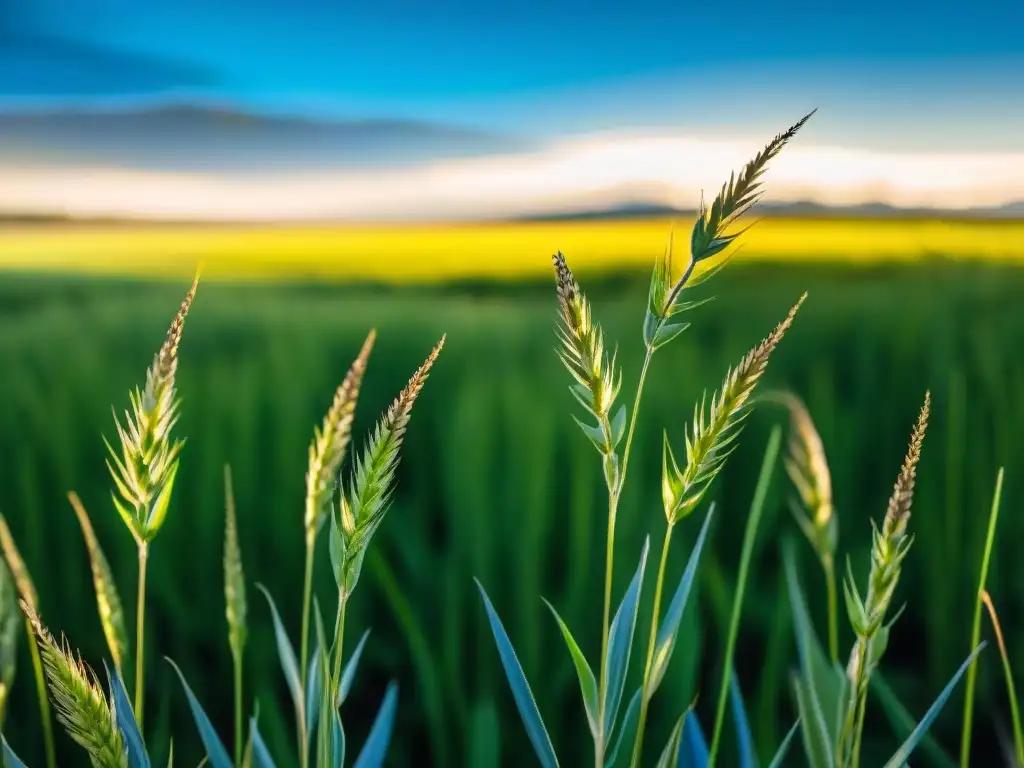 Campo sereno en Uruguay con fibras naturales uruguayas estilo vida, bajo el sol brillante