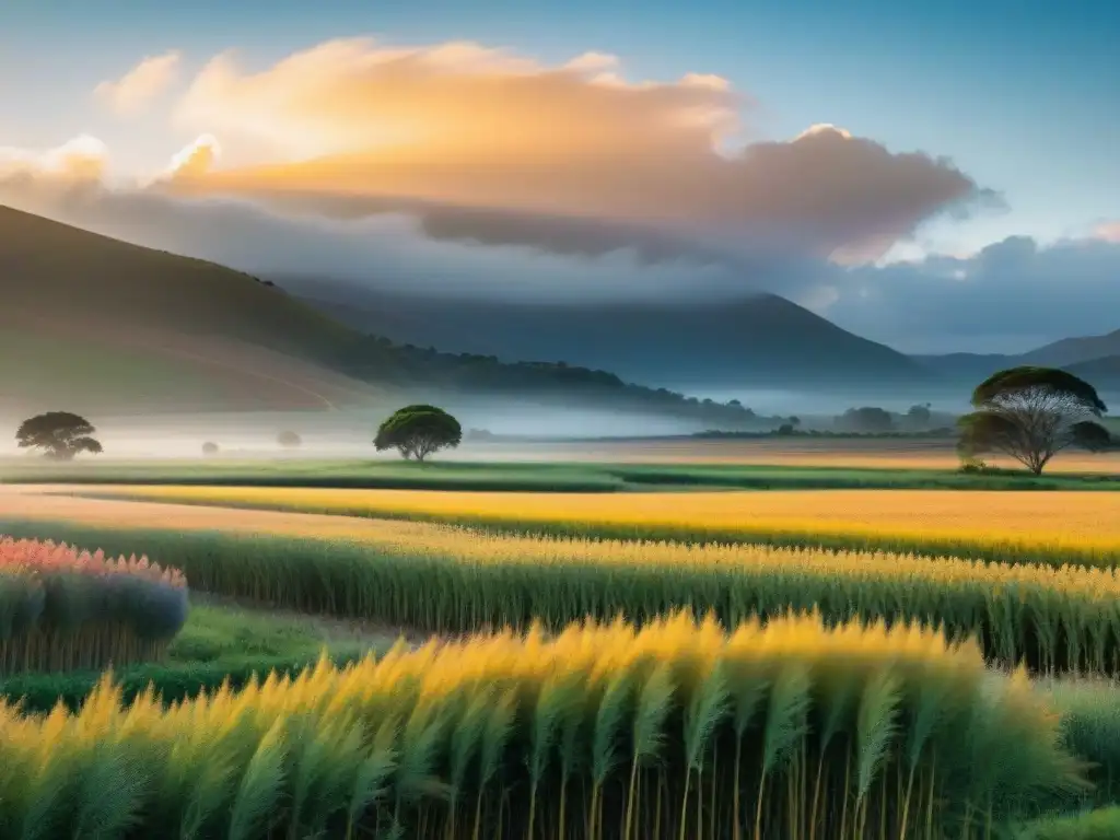 Un campo sereno en Uruguay, con fibras naturales uruguayas estilo vida, ondeando al viento al atardecer