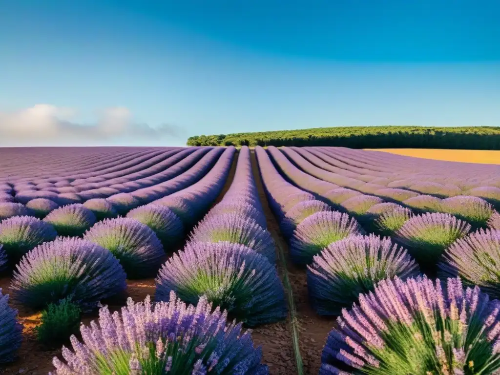 Un campo sereno en Uruguay con lavanda floreciendo bajo cielo azul