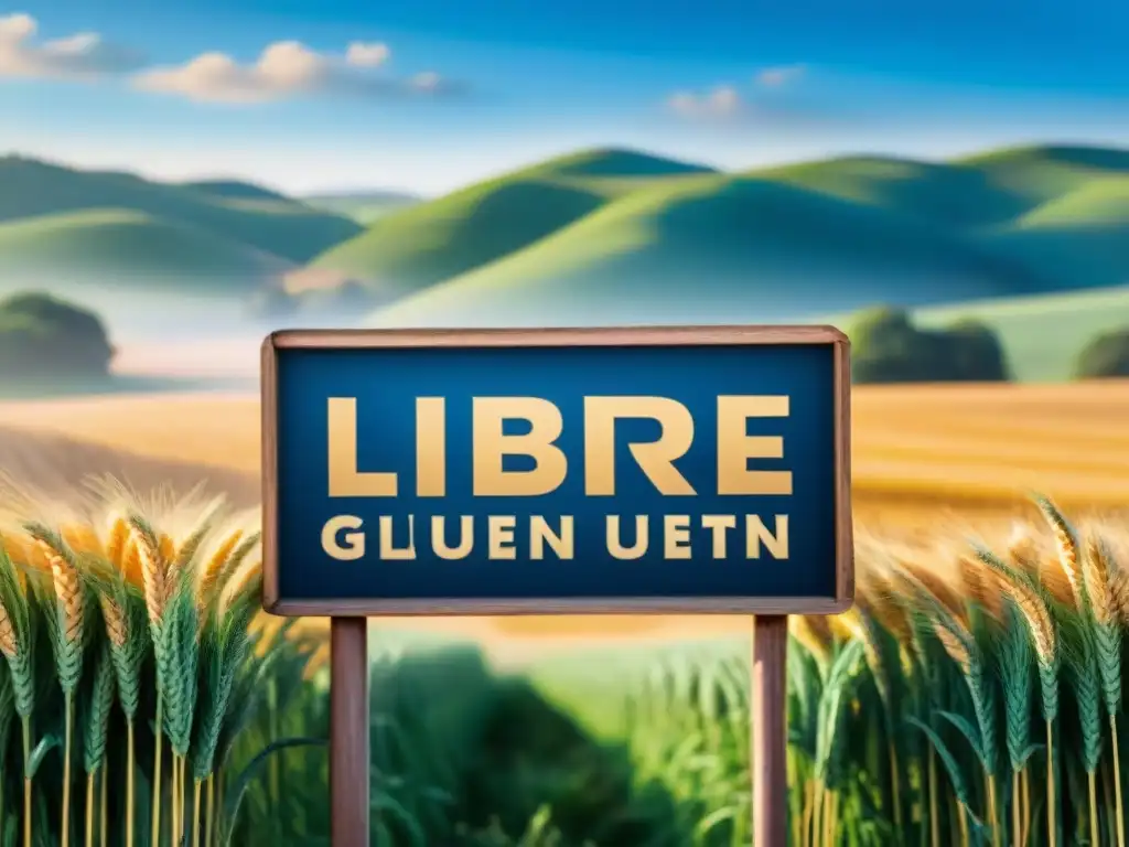 Un campo de trigo dorado bajo cielo azul con letrero 'Libre de gluten'