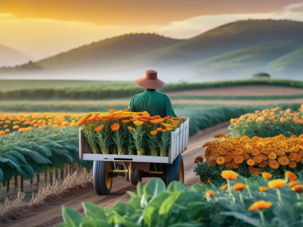 Campo uruguayo con flor de caléndula recolectada por agricultores, reflejando suplementos para piel en Uruguay