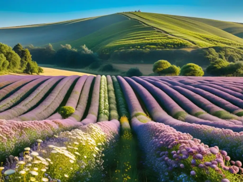 Campo uruguayo con flores de manzanilla morada en colinas verdes bajo cielo azul, ingredientes naturales uruguayos piel