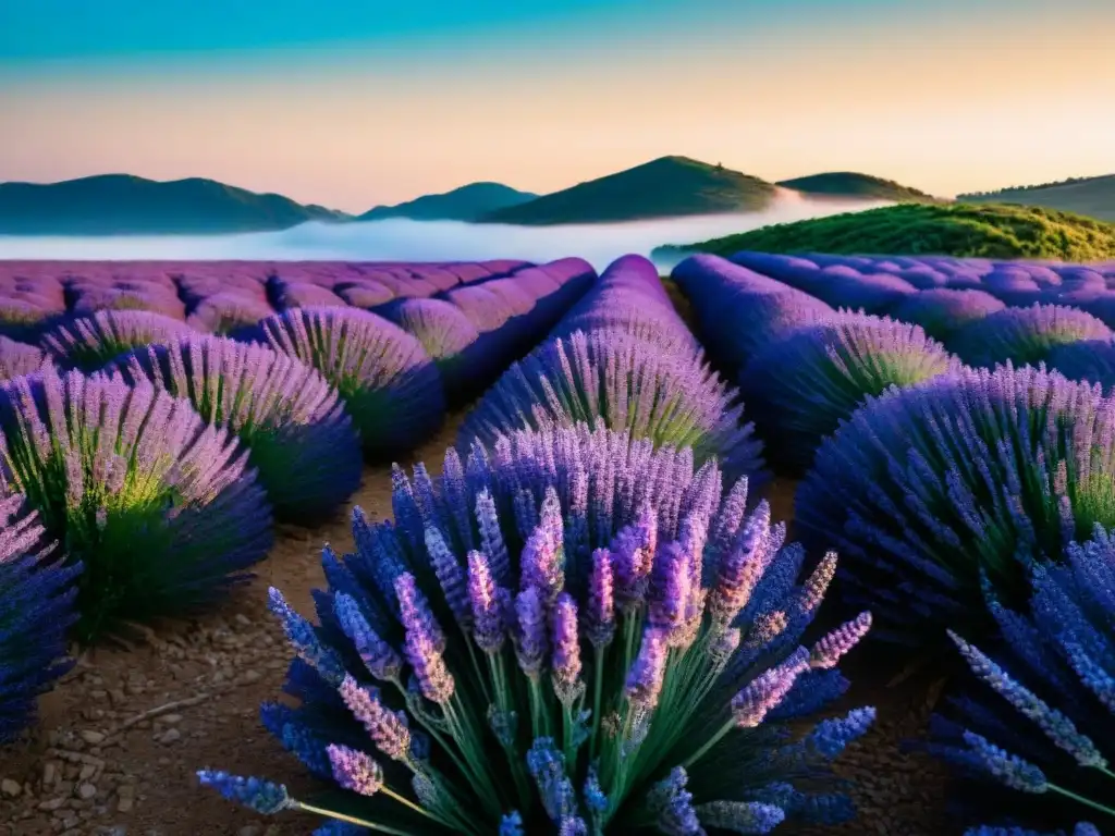 Campo uruguayo con lavanda morada en flor bajo cielo azul, resalta ingredientes naturales uruguayos piel