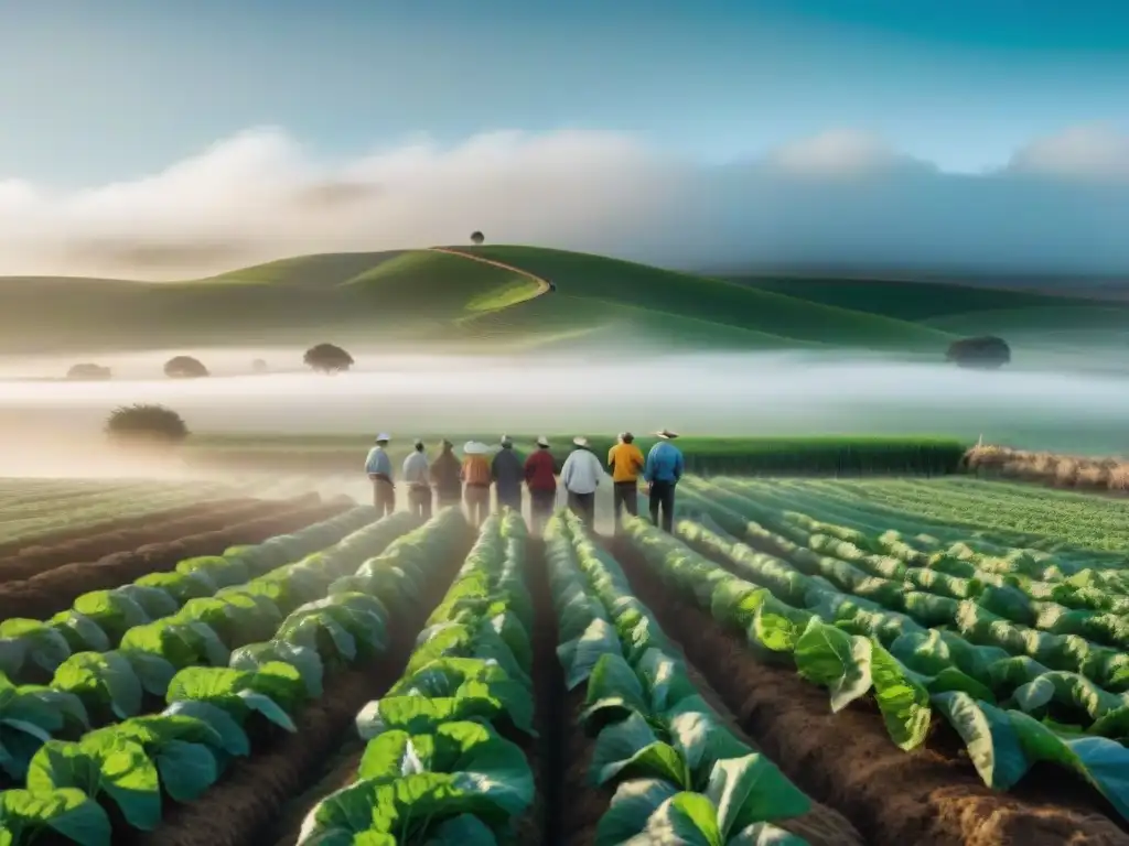 Un campo verde en Uruguay, donde agricultores sonríen trabajando juntos, reflejando el bienestar integral en Uruguay rural