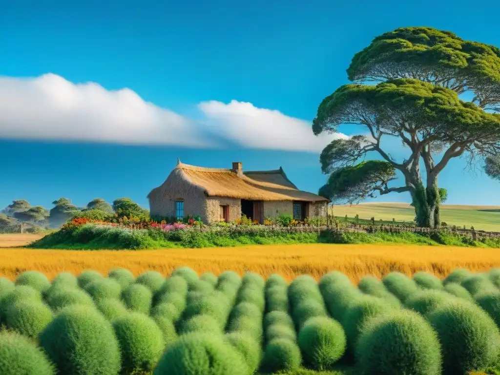 Campo verde en Uruguay con casa tradicional y flores coloridas