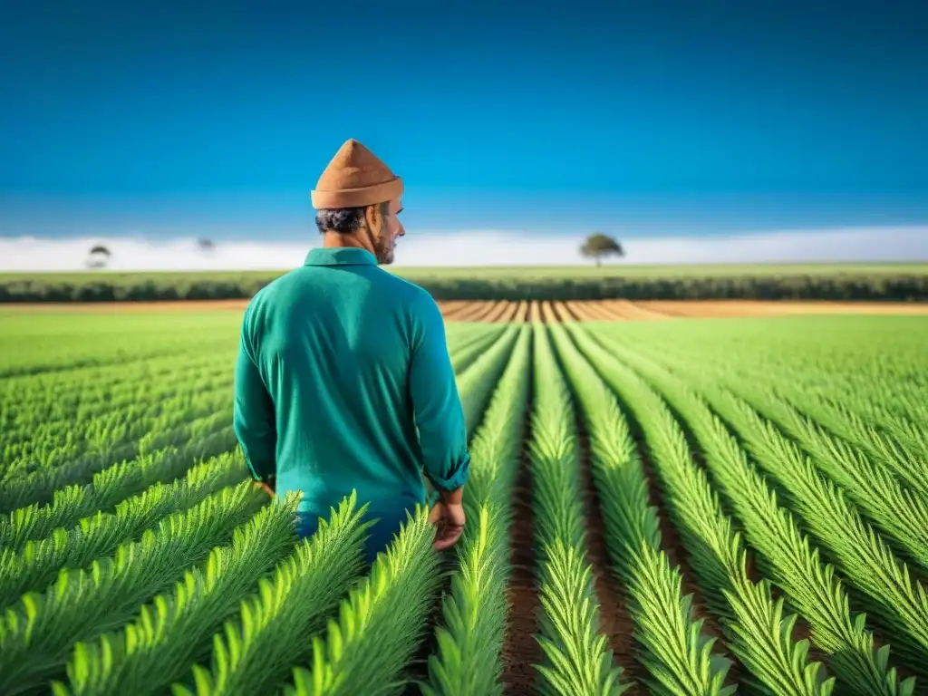 Campo verde en Uruguay con cultivo de lino, agricultores cosechando