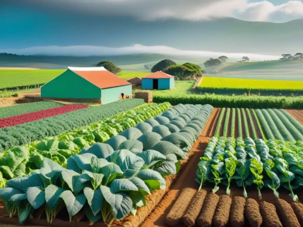 Un campo verde en Uruguay con cultivos coloridos y una granja tradicional, reflejando la armonía de la dieta sostenible en Uruguay