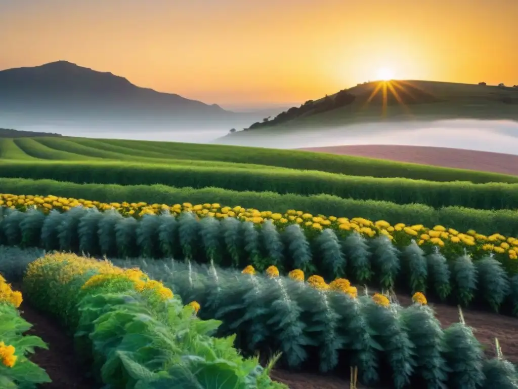 Un campo verde exuberante en Uruguay al atardecer, con hierbas nativas para suplementación natural en Uruguay