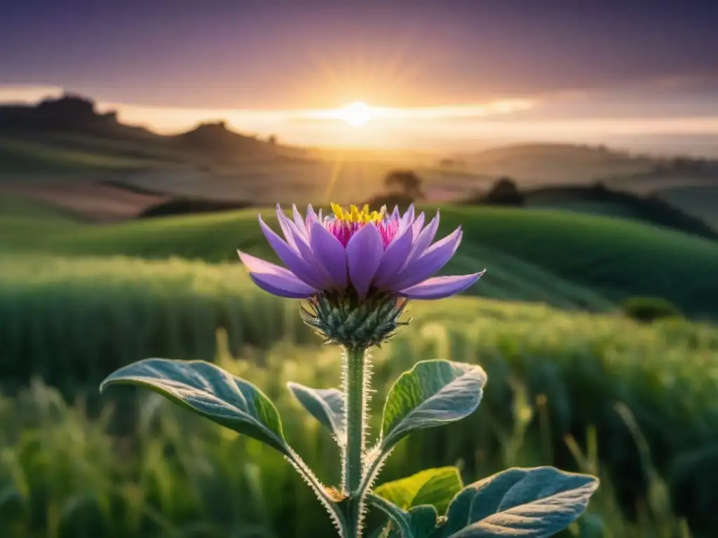 Un campo verde exuberante en Uruguay al atardecer, con una flor morada brillante en primer plano