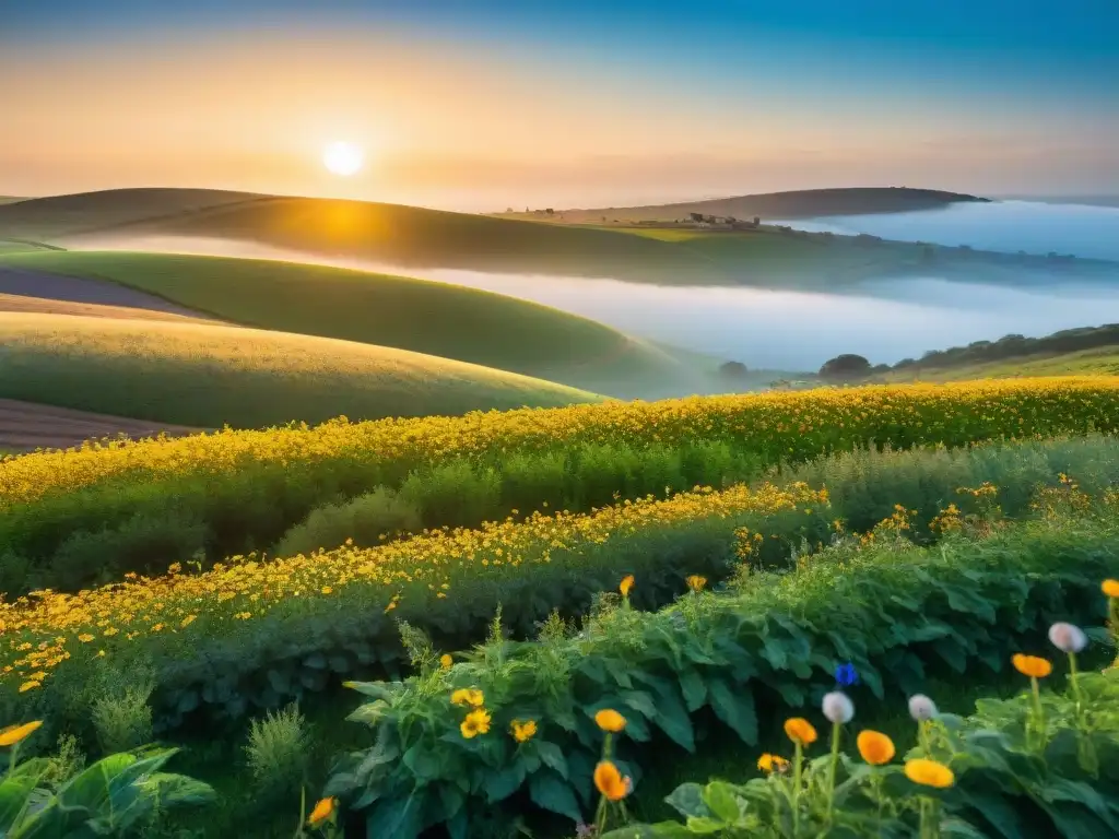 Un campo verde exuberante en Uruguay, bañado por la luz dorada del sol con flores silvestres vibrantes en primer plano