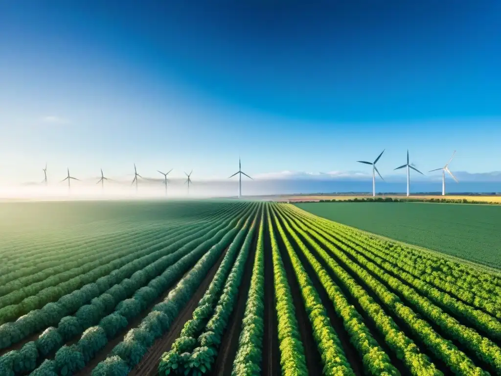 Un campo verde exuberante en Uruguay bajo un cielo azul, con cultivos sanos y molinos de viento girando suavemente