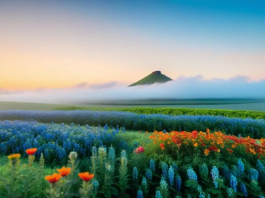 Un campo verde exuberante en Uruguay, con flores silvestres coloridas y un cielo azul despejado