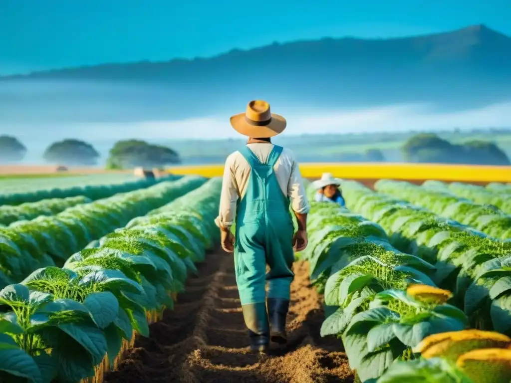 Un campo verde exuberante de cultivos orgánicos en Uruguay, donde la agricultura y la naturaleza se funden en armonía