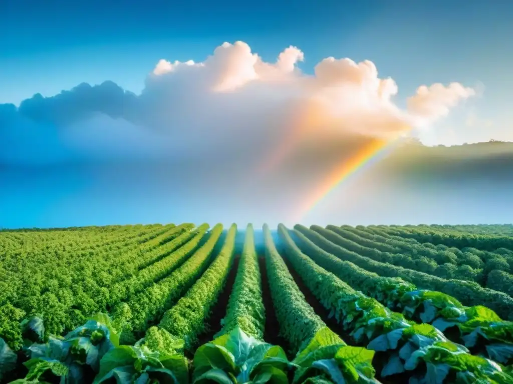 Un campo verde exuberante en Uruguay, con frutas y verduras coloridas y antioxidantes para bienestar integral