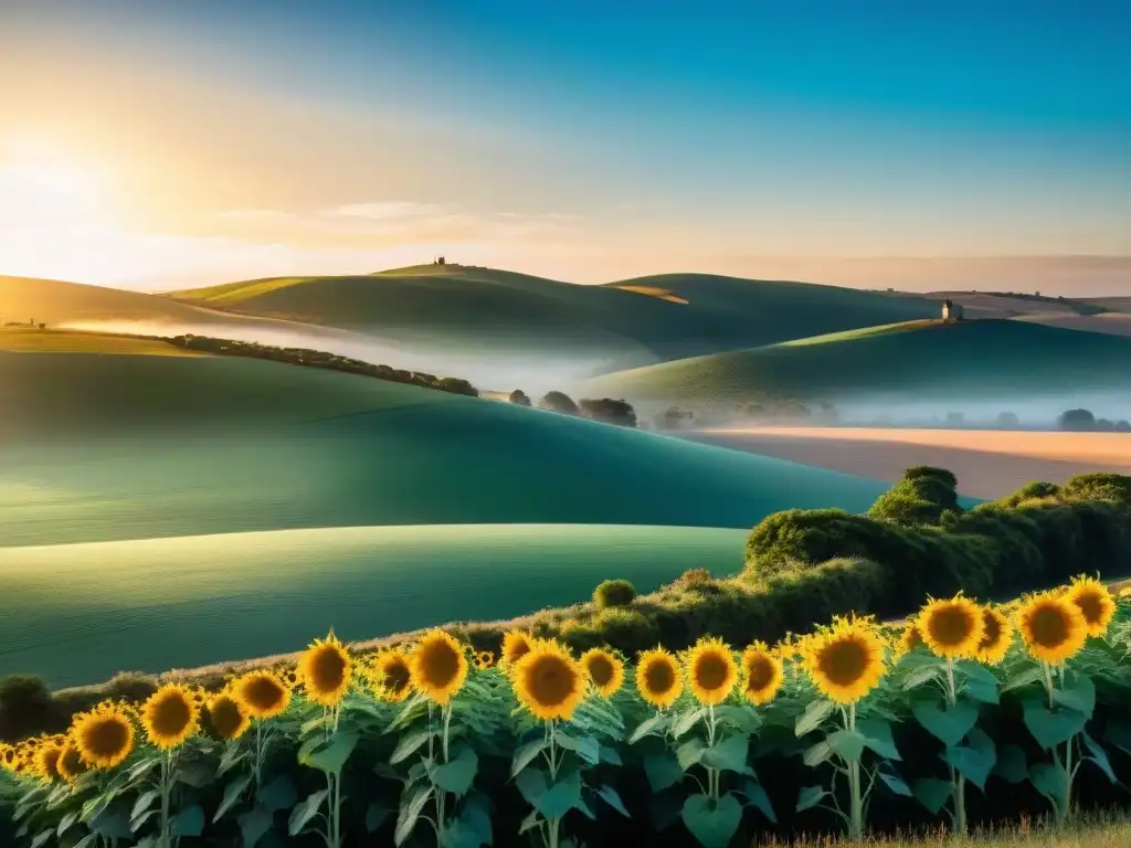 Un campo verde exuberante en Uruguay, con girasoles coloridos bajo el sol brillante