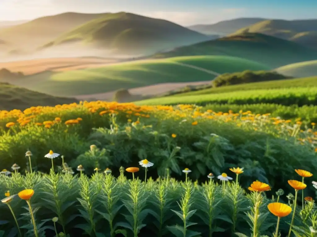 Un campo verde exuberante en Uruguay con hierbas nativas vibrantes como manzanilla, sábila y caléndula bajo el sol