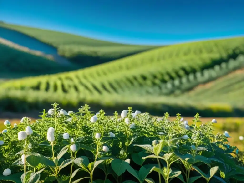 Campo verde exuberante en Uruguay con ingredientes naturales como la malva y el yerba mate, bajo cielo azul