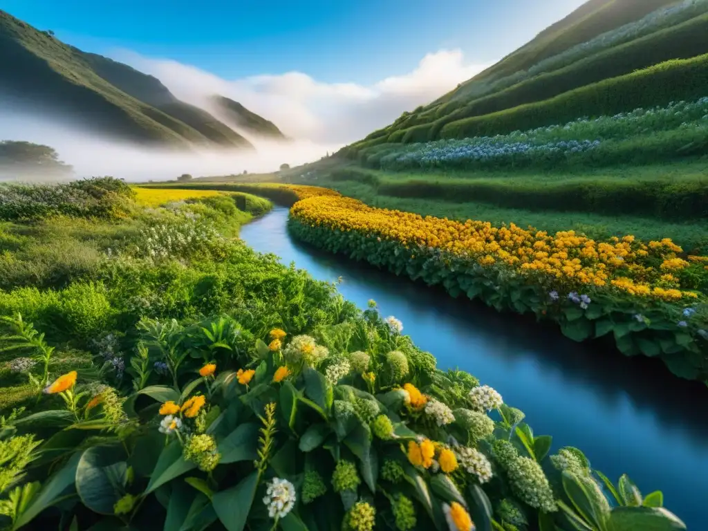 Un campo verde exuberante en Uruguay con plantas nativas y flores, bajo un cielo azul brillante