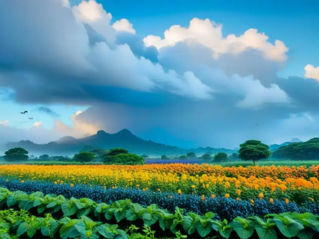 Un campo verde exuberante con plantas de tintes naturales como índigo y cúrcuma, bajo un cielo azul con nubes blancas