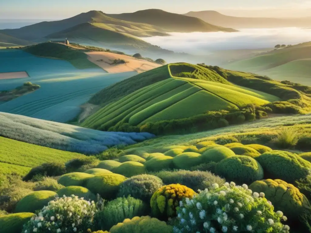 Un campo verde exuberante en Uruguay con plantas medicinales nativas al atardecer