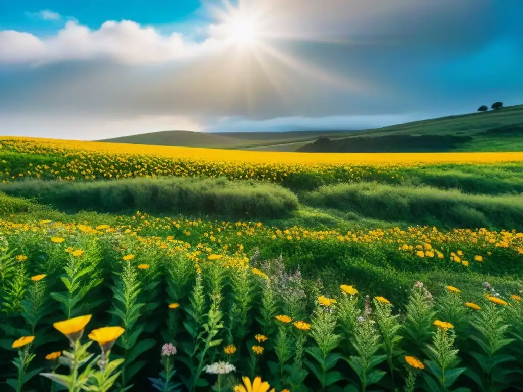 Un campo verde exuberante en Uruguay con flores silvestres vibrantes bajo el sol, conectando con productos belleza veganos Uruguay