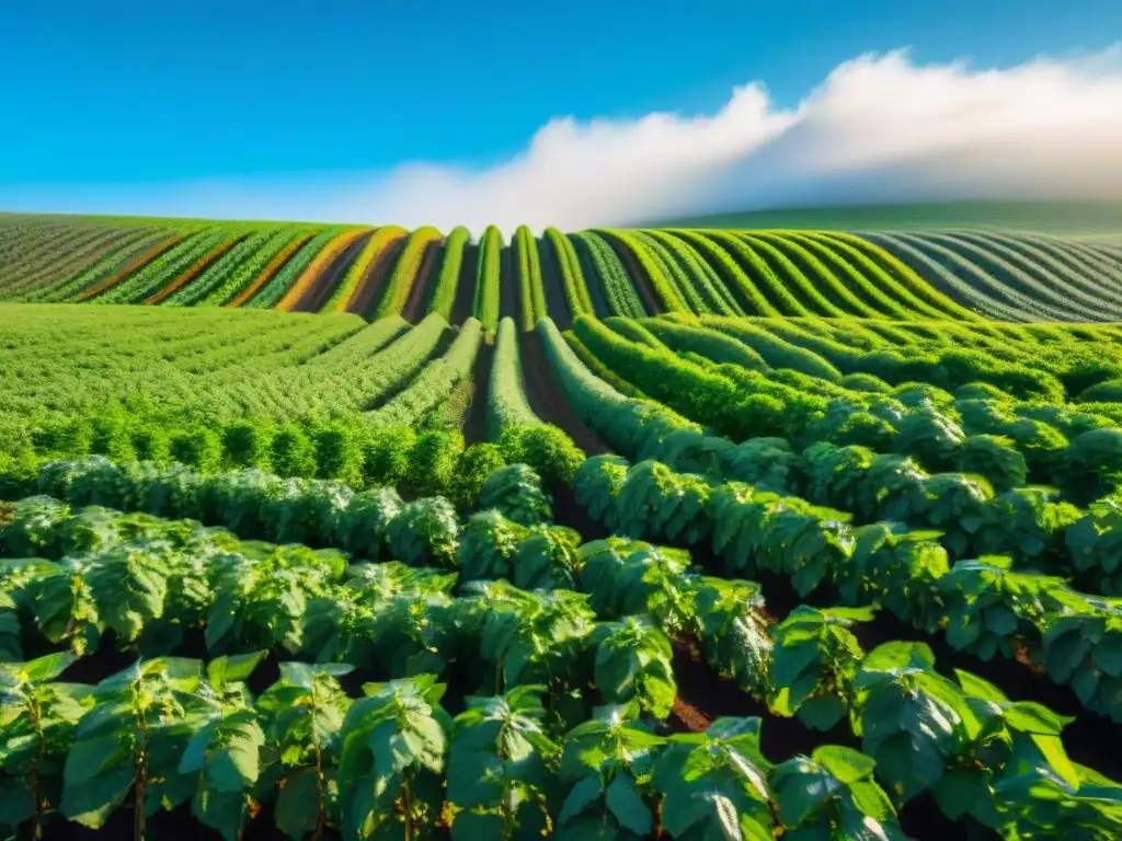 Campo verde con leches vegetales de almendras, soja y avena bajo el sol, promoviendo beneficios leches vegetales Uruguay