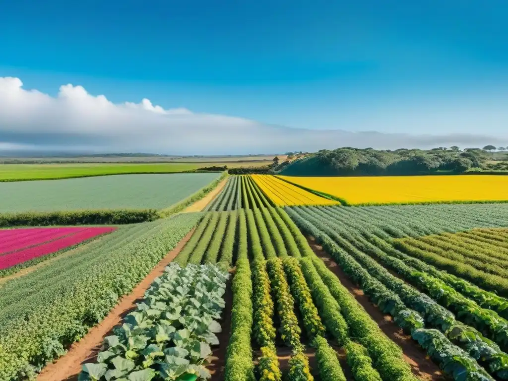 Un campo verde vibrante en Uruguay con cultivos coloridos y un agricultor en la distancia