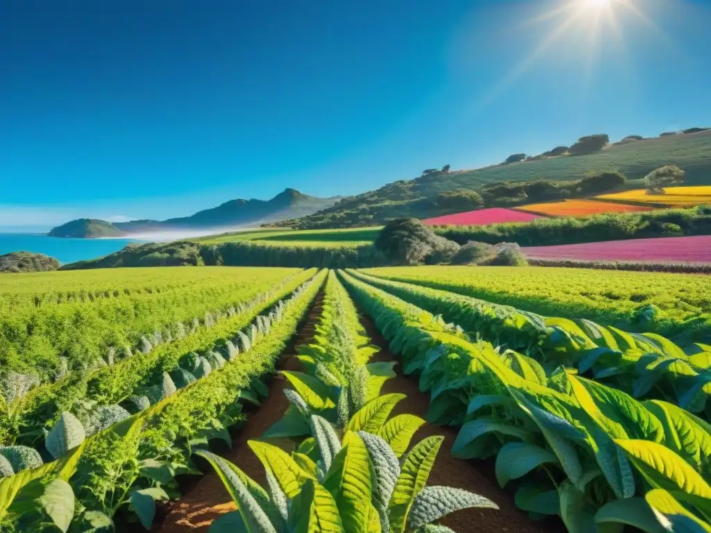 Un campo verde y vibrante en Uruguay con superalimentos coloridos como quinoa, chía y amaranto bajo un cielo azul