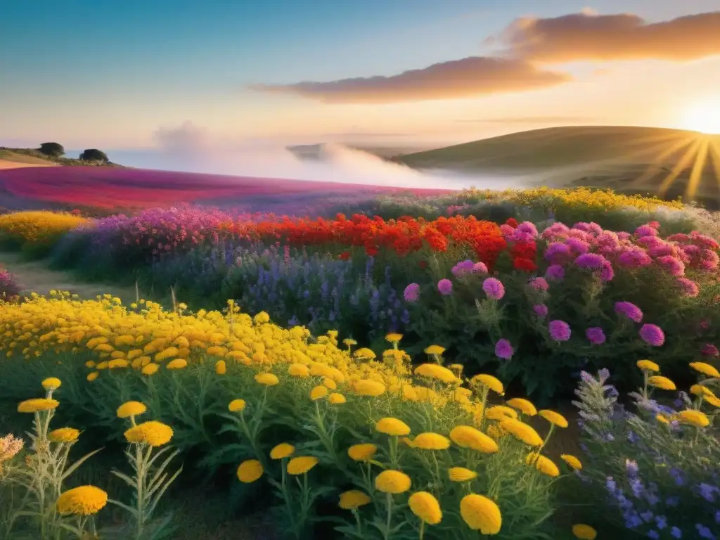 Un campo vibrante en Uruguay con flores nativas como Calandrinia, Gaillardia y Verbena