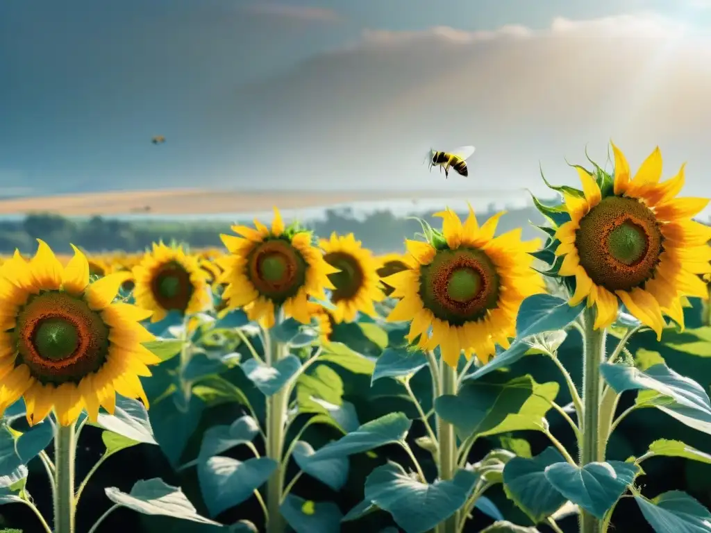 Un campo vibrante de girasoles en flor con abejas recolectando néctar