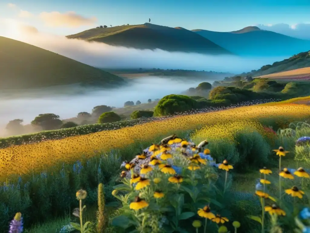 Un campo vibrante en Uruguay lleno de flores silvestres coloridas donde las abejas recolectan polen