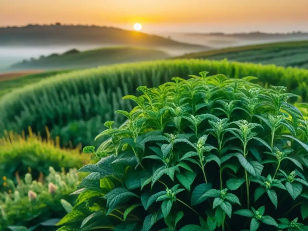 Un campo vibrante en Uruguay con yerba mate, boldo y ciboulette brillando bajo el sol naciente, reflejando la riqueza natural de las hierbas uruguayas