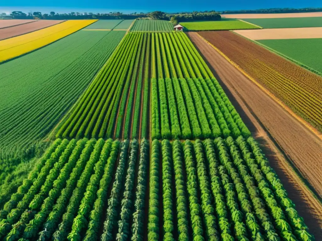 Un campo agrícola vibrante y moderno en Uruguay, con cultivos saludables bajo un cielo azul