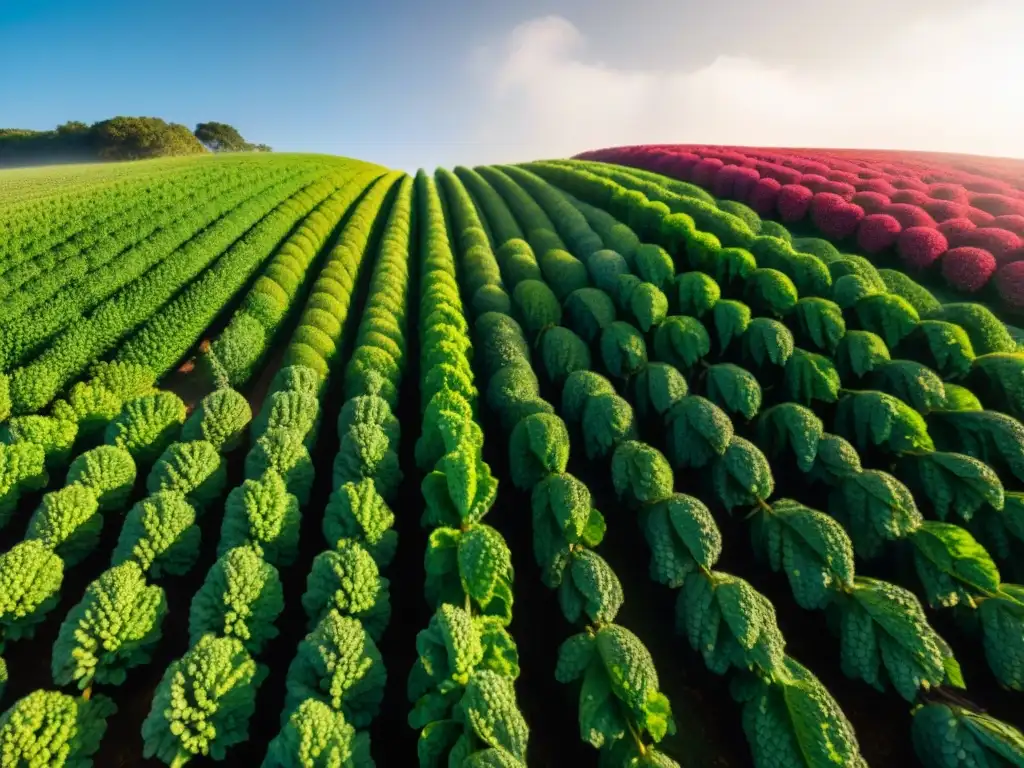 Un campo vibrante en Uruguay con superalimentos como quinoa, chía y amaranto, simbolizando la nutrición sostenible