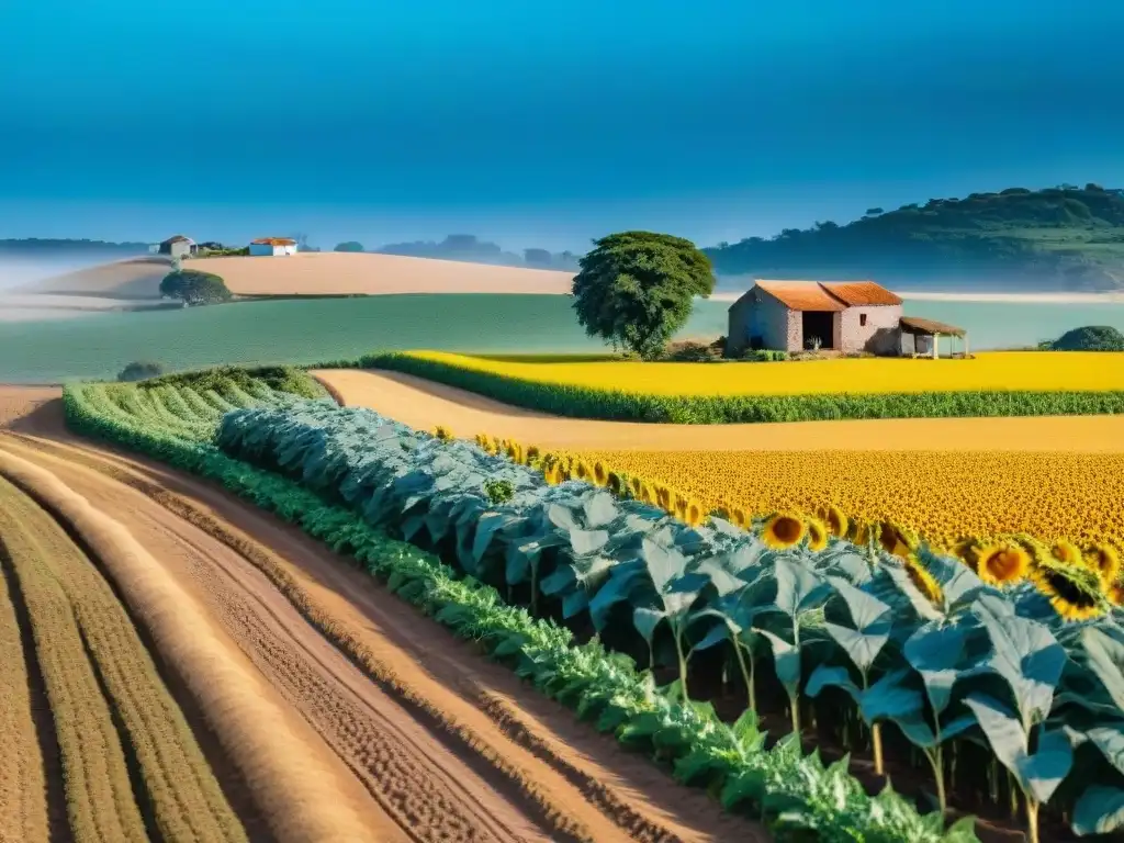 Campos coloridos de agricultura consciente en Uruguay, con granjas tradicionales y un cielo azul sereno