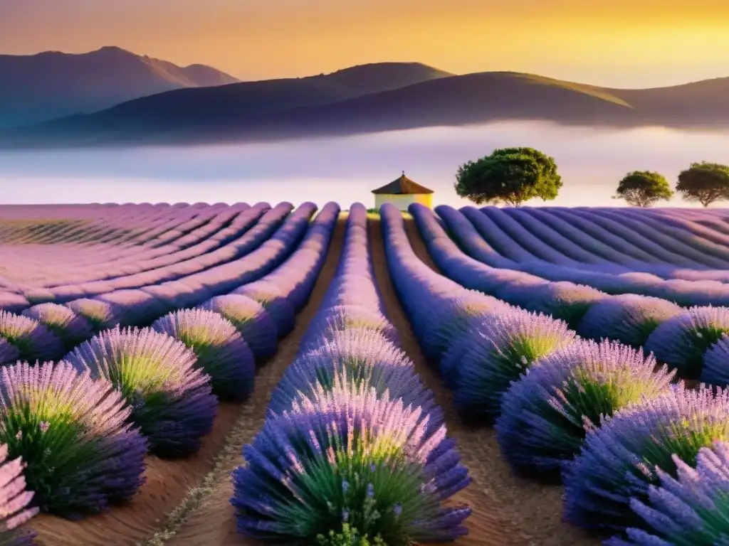 Campos de lavanda al atardecer en Uruguay, con abejas recolectando polen y esencia de tranquilidad