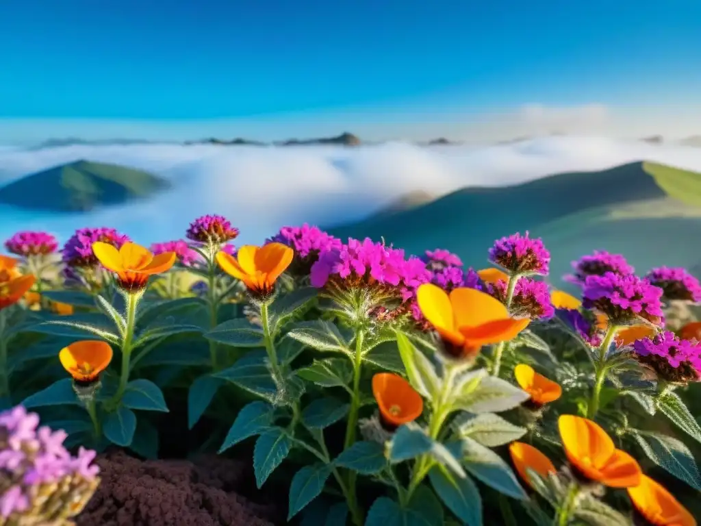 Campos vibrantes de flores nativas en Uruguay bajo cielo azul, resaltando la belleza natural