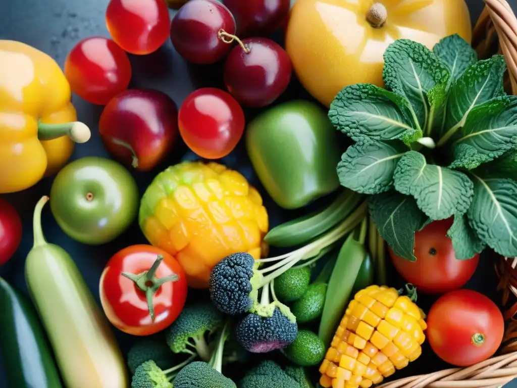 Canasta de frutas y verduras frescas, coloridas y brillantes, representando la belleza natural