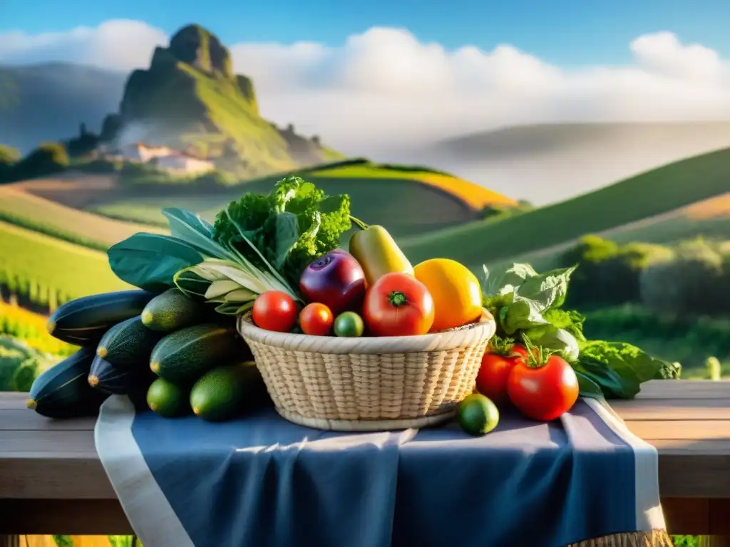 Una canasta uruguaya llena de frutas y verduras frescas, bajo el cielo azul