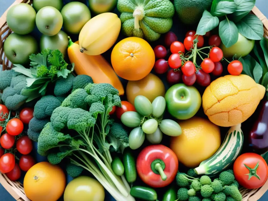 Canasta vibrante de frutas y verduras frescas, resplandeciendo bajo el sol