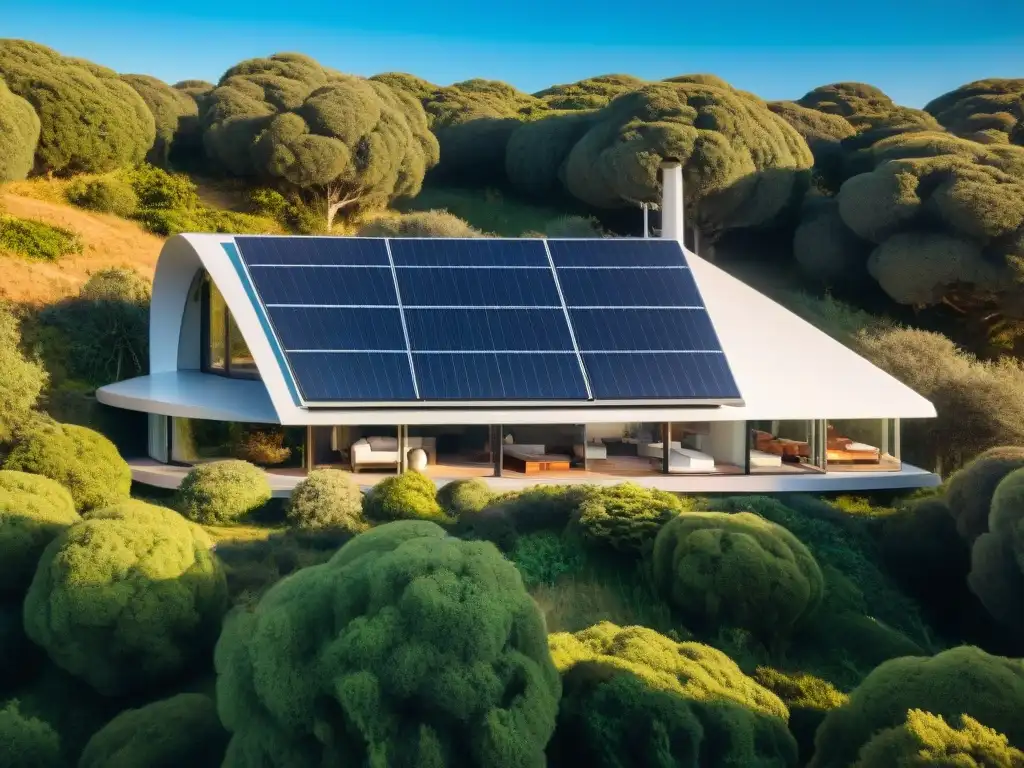 Casa futurista en Uruguay con energías renovables, rodeada de naturaleza bajo cielo azul