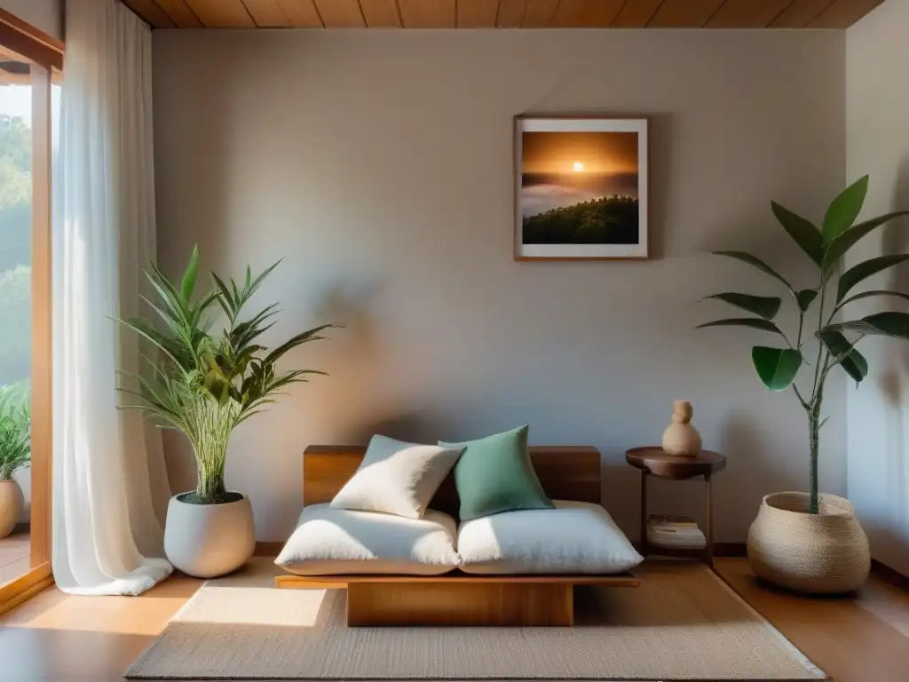 Un rincón de meditación en casa en Uruguay, con cojín, planta, incienso y decoración minimalista