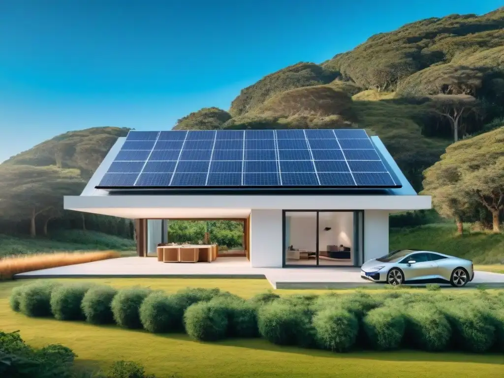 Casa sostenible en Uruguay con paneles solares, jardín verde, carga para coche eléctrico