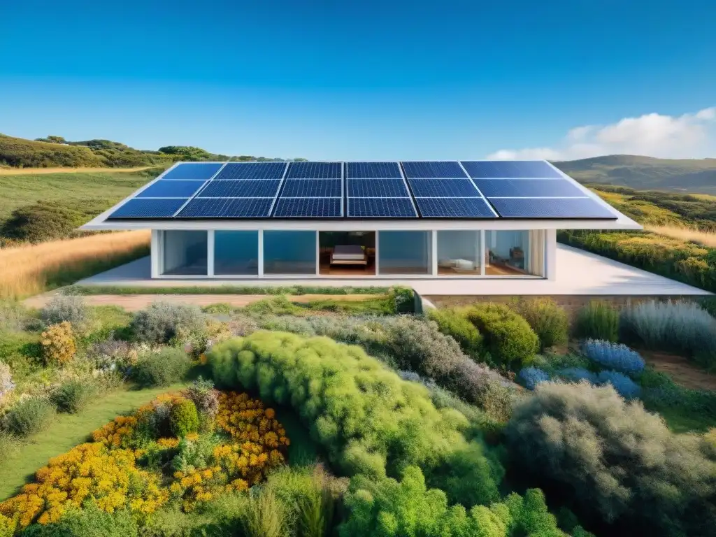 Una casa sostenible en Uruguay con paneles solares, jardín verde y turbinas eólicas, promoviendo hábitos sostenibles para combatir el cambio climático