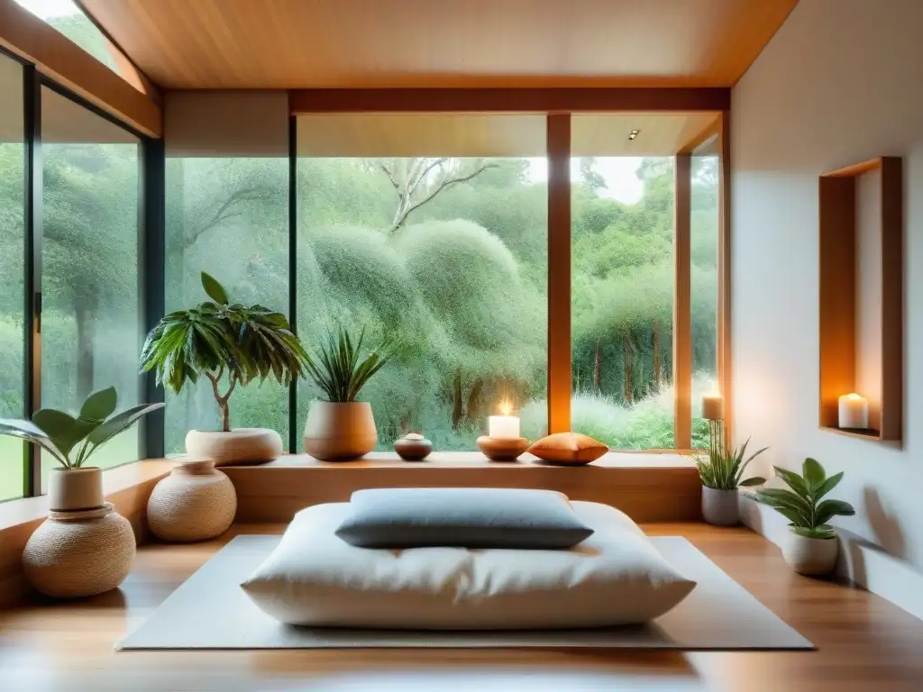 Un rincón de meditación en casa en Uruguay con ventana panorámica y ambiente sereno