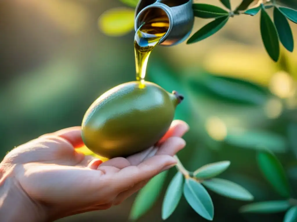 Una cascada dorado-verde de aceite de oliva fresco al ser exprimido entre olivares en Uruguay, evocando turismo sostenible olivo Uruguay