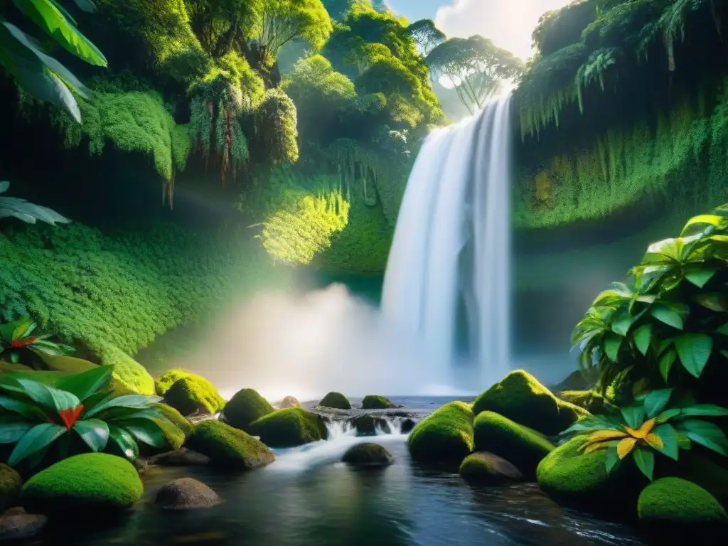 Cascada cristalina en selva tropical, reflejando la importancia de la conservación del agua en Uruguay